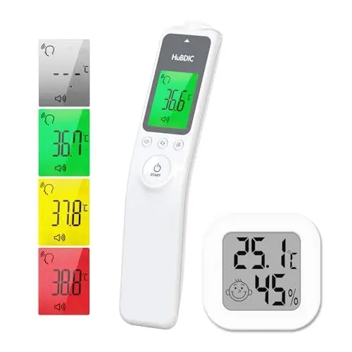 Produktbild: HuBDIC HubiBaby No-Touch Stirnthermometer, digitales Infrarot-Thermometer für Erwachsene und Kinder, Baby-Thermometer mit Fieberalarm, schnell und genau (HFS-1000, weiß+Hygrometer)