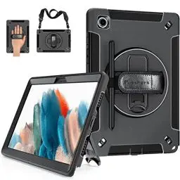 Produktbild: Hülle für Samsung Galaxy Tab A8 10.5: Miesherk Militärische Robuste 3-Schichte Stoßfeste Schutzhülle Case Cover SM-X200/X205/X207 -Stifthalter- Drehbar Ständer- Handschlaufe- Schultergurt-Schwarz