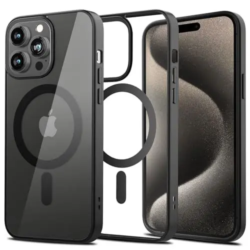 Produktbild: Hülle für iPhone 15 Pro Kompatibel mit MagSafe, Sturzschutz Stoßfest Handyhülle mit Harter Rückseite und Weichem Rand, Magnetische Schutzhülle Kratzfeste Transparent Rückseite, Mattschwarz