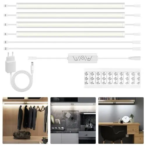 Produktbild: HUEMIHUI 24V weiße LED Strip, 4PCS 30cm Unterbauleuchten, 144 LED Schrankbeleuchtung, dimmbare Lichtleiste für Theke, Regal, Kleiderschrank, 6000K