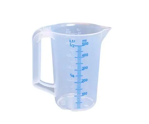 Produktbild: hünersdorff Messbecher 0,5l | Polypropylen (PP) | bruchsicher und spülmaschinengeeignet | geschlossener Griff | blaue Skala, Transparent+blau