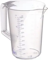 Produktbild: hünersdorff Messbecher 1l | Polypropylen (PP) | bruchsicher und spülmaschinengeeignet | geschlossener Griff | blaue Skala, Transparent+blau