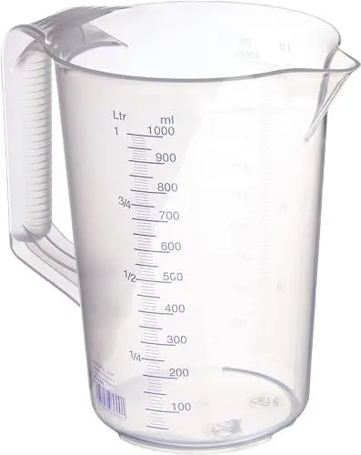 Produktbild: hünersdorff Messbecher 1l | Polypropylen (PP) | bruchsicher und spülmaschinengeeignet | geschlossener Griff | blaue Skala, Transparent+blau