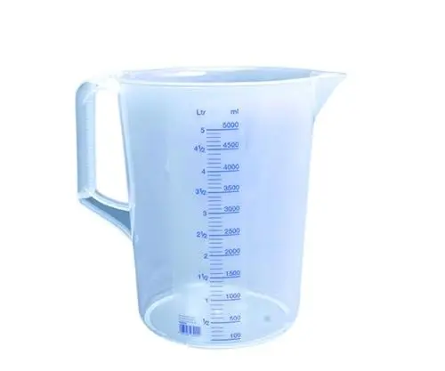 Produktbild: hünersdorff Messbecher 5l | Polypropylen (PP) | bruchsicher und spülmaschinengeeignet | geschlossener Griff | blaue Skala