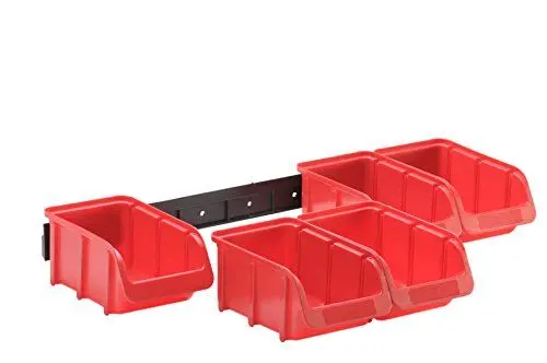 Produktbild: hünersdorff Sichtboxen-Set: 1x Kunststoffschiene plus 5 x Lagerboxen der Größe 1, Wandhalter inkl. Aufbewahrungsboxen für Regalsystem, Rot