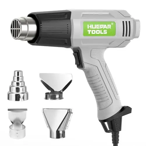 Produktbild: Huepar Tools Heißluftpistole, 1800W Heißluftfön 2 Temperatureinstellungen 400℃/550℃ Schnelles Aufheizen, heissluftföhn mit Überlastungsschutz, 4 Düsen zum Basteln, Prägen, Entlacken, Schrumpfen