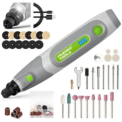Produktbild: Huepar Tools RT4 Pro Akku Mini Multifunktionswerkzeug – (3.6V, 98-tlg. Zubehörset, Universal-Feinbohrschleifer mit Licht, zum Schneiden, Schleifen, Polieren und Schmirgeln, inkl. USB-Ladekabel + Box)