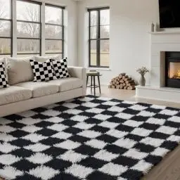Produktbild: HUGEAR Kariert Flauschig Teppich Wohnzimmer 160x230 Teppiche Schwarz Weiß Shaggy rutschfest Kinderzimmer Mädchen Junge Carpet Schlafzimmer Hochflor Weich Groß Carpets