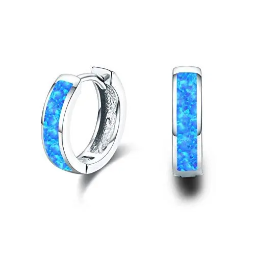 Produktbild: Huggie Ohrringe Damen Creolen Ohrringe 925 Sterling Silber Opal Ohrringe Blaue Opalohrringe Kleine Creolen Kreis Scharnier Blauer Opal Schmuck Geschenk für Frauen Mädchen