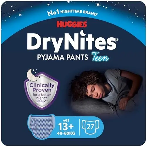 Produktbild: Huggies DryNites Nachtwindeln bei Bettnässen, für Jungen ab 13 bis ca. 17 Jahre (48-60 KG), 27 Stück (3x9), Monatspack, Windel-Pants