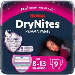 Produktbild: Huggies DryNites Nachtwindeln, für Mädchen 8-13 Jahre (30-48 kg), hochabsorbierende bei Bettnässen, 9 Stück (1er Pack) Windel-Pants