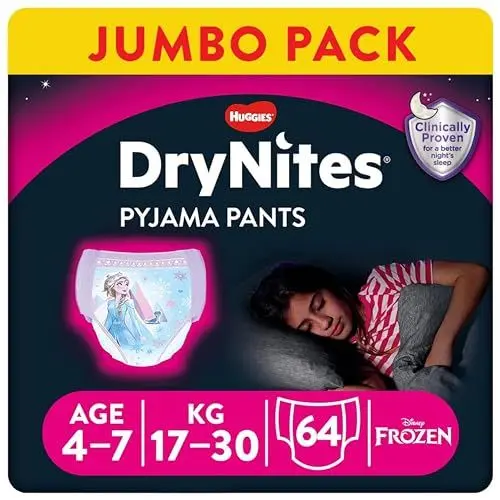 Produktbild: Huggies DryNites hochabsorbierende Nachtwindeln bei Bettnässen, für Mädchen 4-7 Jahre, 4 x 16 Windel-Pants (64 Stück), Monatspack