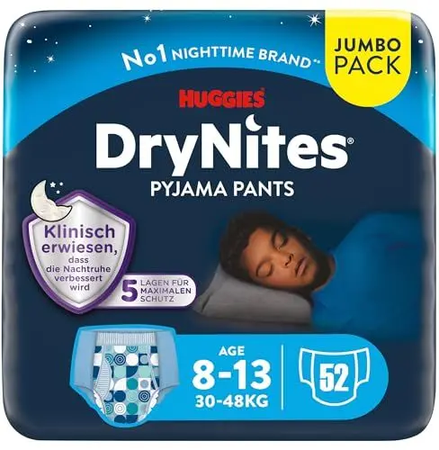 Produktbild: Huggies DryNites saugfähige Nachtwindeln Teen bei Bettnässen, Für Jungen 8-13 Jahre (30-48 kg), 4 x 13 Stück