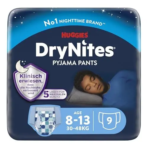 Produktbild: Huggies DryNites Nachtwindeln bei Bettnässen, für Jungen 8-13 Jahre (30-48 kg), 9 Stück