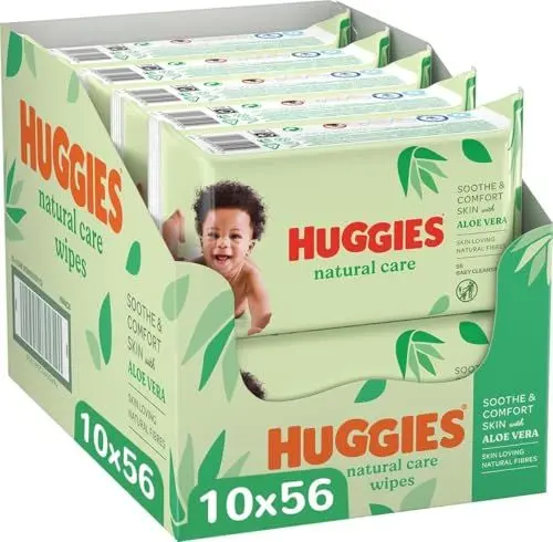 Produktbild: Huggies® Natural Care Babytücher, 10x56 Tücher, hergestellt aus Hautpflegefasern für eine gesunde Haut – Babytücher angereichert mit Aloe Vera