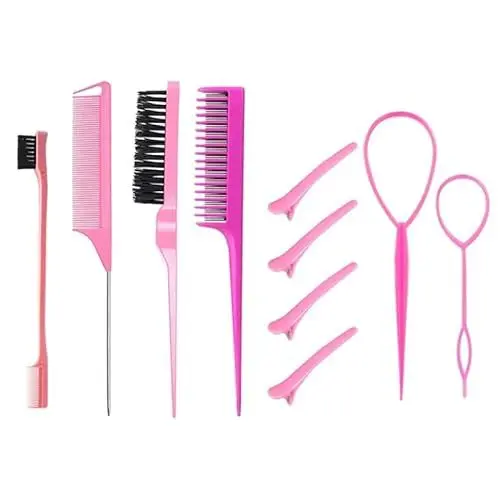 Produktbild: HugMiu 10 Stück Haars tyling Kamm Set Teasing Haar bürste Dreifach-Necken Kamm Ratte Schwanz Kanten bürste Haars chwanz Werkzeuge Zopf Werkzeug Schleife