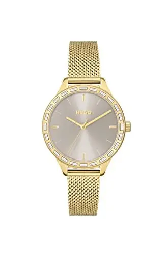 Produktbild: HUGO Analog Quarzuhr für Damen mit Gelbgoldfarbenes Edelstahl-Mesh-Gliederarmband - 1540116