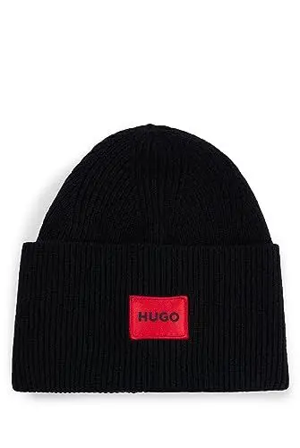 Produktbild: HUGO Herren Xaff 6 Gerippte Mütze mit rotem Logo-Label Schwarz001 Stck