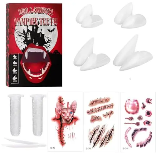Produktbild: Huhemy 10 Teiliges Vampir Zähne Set 4 Größen Vampire Zähne mit 2 Rohr Pellets Klebstoff,Vampire Teeth Zähne Vampir Vampirzähne für Cosplay Party Requisiten Halloween Party.