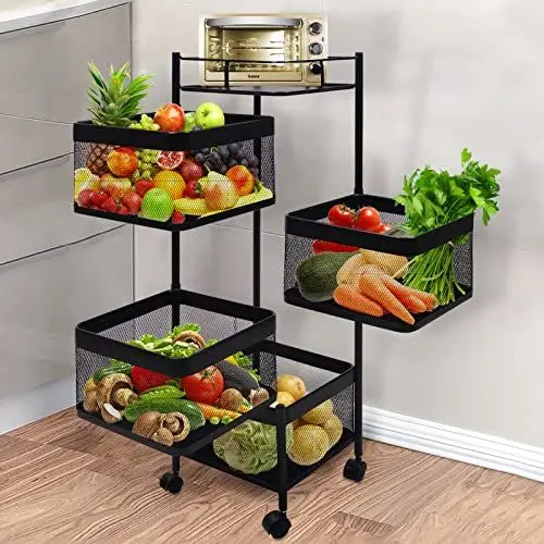 Produktbild: Huhote 4 Ebenen Rollwagen Eckig, Obst mit Rädern Küchenregal, Gemüseregal mit Rollen, Quadrat Küchenwagen, Obstwagen, Aufbewahrungswagen für Küche Badezimmer Wohnzimmer Kinderzimmer (Schwarz)