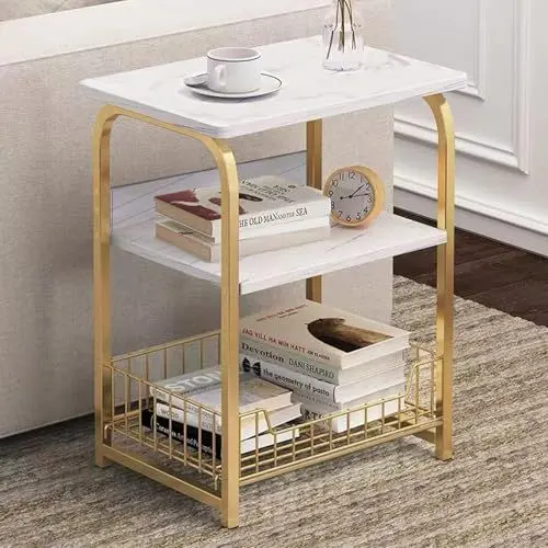 Produktbild: Huhote Beistelltisch, Nachttisch 3 Ebenen, Side Table, Couchtisch, Sofatisch mit Ablagefläche, Kaffeetisch, Telefontisch, Nachtschrank für Schlafzimmer, Wohnzimmer, 40 x 30 x 56 cm, Weiß+Gold