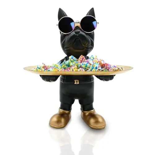 Produktbild: Huhote Bulldogge Sculpture mit Tablett, Französische Bulldogge Skulptur Deko, Hund Schlüssel Schale, Bulldogge Figur Statue, für Flur Wohnzimmer Büro Eingangsbereich Desktop Ornament (Schwarz)