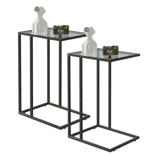 Produktbild: Beistelltisch C Form, Couch Beistelltischs 2er Set, Kaffeetisch Kleiner Tisch, Sofa Tisch Beistelltische Bett, Side Table Beistelltische, Couchtisch Laptop Tischs, Sofatisch, Glasmaterial, Schwarz
