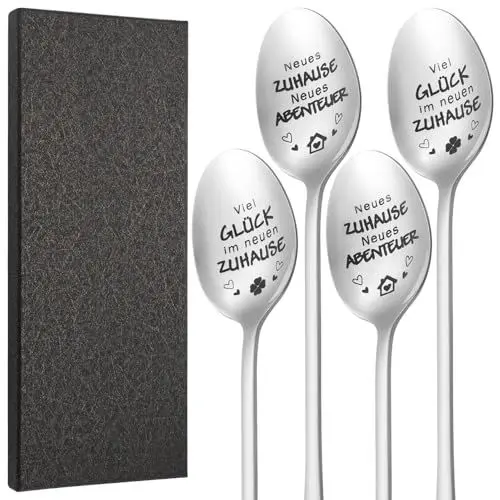 Produktbild: Huiguli 4 Stück Einweihungsgeschenk Kaffeelöffel mit Gravur, Edelstahl Kaffeelöffel mit Geschenkbox, Einweihungsgeschenk zum Einzug ins Neue Haus, Einzugsgeschenke Wohnung für Frauen Männer