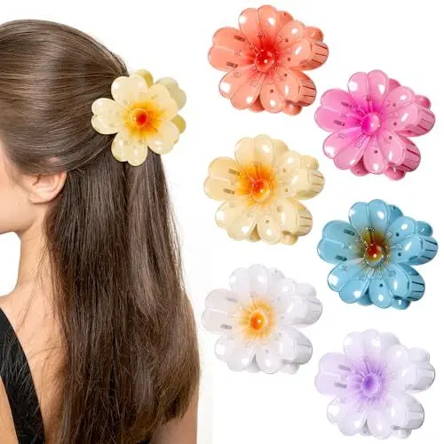 Produktbild: Huiguli 6 Stück Haarklammer Blume, Neu Große Blumenförmige Krallenklammern, Sonnenblumen Haarspangen, Bunt Blumen Haarschmuck für Frauen Damen Dick/Dünn Haar