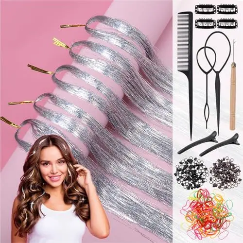 Produktbild: Huiguli Glitzer Haarsträhne, 120cm Haarsträhnen Kinder mit Werkzeug, 1100 Strähnen Hair Tinsel Kit, Fairy Lametta Haar für Mädchen Frauen Kinder (Silber)
