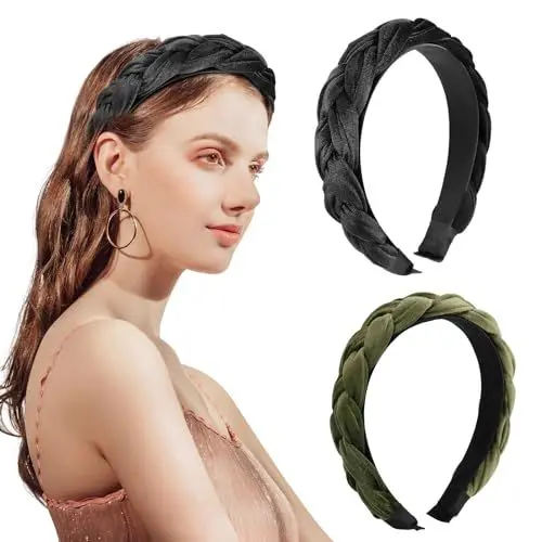 Produktbild: Huiguli Haarreif Samt, 2 Stück Haarreifen Damen, Geflochtener Haarreif aus Samt, Breite Stirnbänder, Rutschfest Kopfband für Mädchen,Damen,Frauen (Schwarz + Grün)