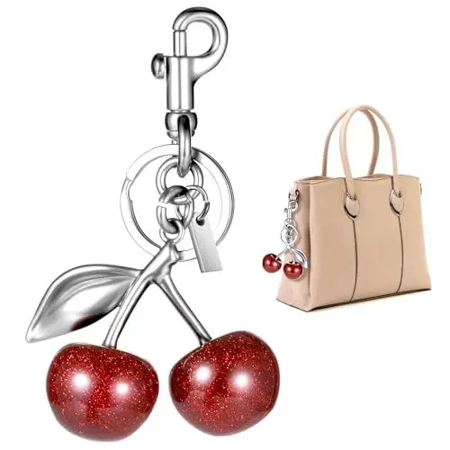 Produktbild: Huiguli Kirsch Bag Charm, Modischer Kirschtaschen Keychain, Auffälliger Kirsch-Schlüsselanhänger Taschenanhänger Accessoire für Taschen, Rucksäcke und Autos, Geschenke für Damen Silber