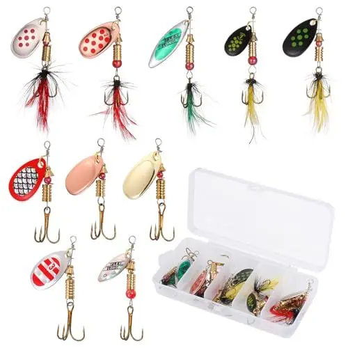 Produktbild: Huiguli Spinner Blinker Set, 10 Stück Angelköder mit Drillinge Haken, Spinner Köder Lebensechte Pailletten Kunstköder für Forelle, Barsch, Lachs, Hecht, Walleye