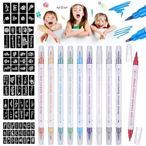 Produktbild: Huiguli Tattoo Stifte Kinder, 10 Farben Temporäre Tattoo Markierungen mit 76 Schablonen, Wasserfeste Tattoostifte für Kinder und Erwachsene Fasching Halloween Party