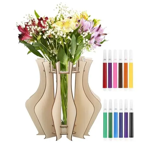 Produktbild: Huiguli 3D Puzzle Vase für Blumen, Holzpuzzle Blumenvase mit 12 Pcs Aquarellstift, Kinder Basteln DIY Holzbastelset, Geschenke für Erwachsene und Kinder