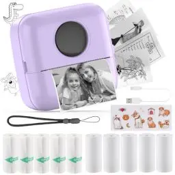 Produktbild: HuiJuKeJi Mini Drucker, Taschendrucker, Mini Fotodrucker für Smartphone, Sticker Drucker, Thermo Fotodrucker für Journal, Reisen Logo, Notizen, Journal, Liste, Memo (Purple)