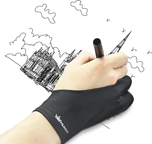 Produktbild: HUION Künstler-Zeichenhandschuh für Zeichentablett, Papier-Skizzieren, Kunsthandschuh mit Zwei Fingern für Rechte und Linke Hand, Reduziert Reibung, Elastisches Lycra, Groß