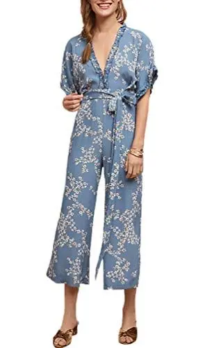 Produktbild: Huixin Jumpsuit Breites Bein Hosen Damen Sommer Overall Caprihose Kurzarm V-Ausschnitt Rückenfrei Neckholder Hosenanzug Blumenprint Bedruckte Trend Classic (Blau,S)