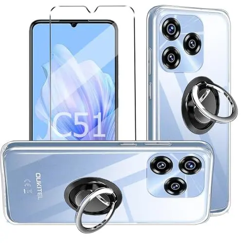 Produktbild: HuiYouMY hülle mit Glas 1Pcs Compatible with OUKITEL C51 Folie,mit Ring,hülle silikon stoßfest Compatible with OUKITEL C51 schutzhülle schutzfolie schutzglas Folie handyhülle Clear