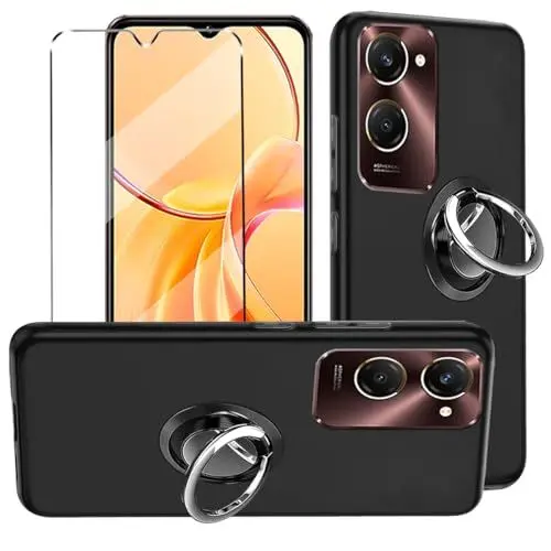 Produktbild: HuiYouMY hülle und Glas 1Pcs Compatible with vivo Y28s 5G Folie,mit Ring,hülle silikon stoßfest Compatible with vivo Y28s 5G schutzhülle schutzfolie schutzglas Folie handyhülle Black