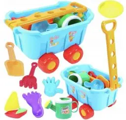 Produktbild: HUKITECH NEU Trolley mit Sandspielzeug (Spaten Harke Gießkanne Schiff Sandformen UVM) Strandwagen für Kinder - Rollwagen Warenkorb Transportkarre Bollerwagen Sandkasten Zubehör