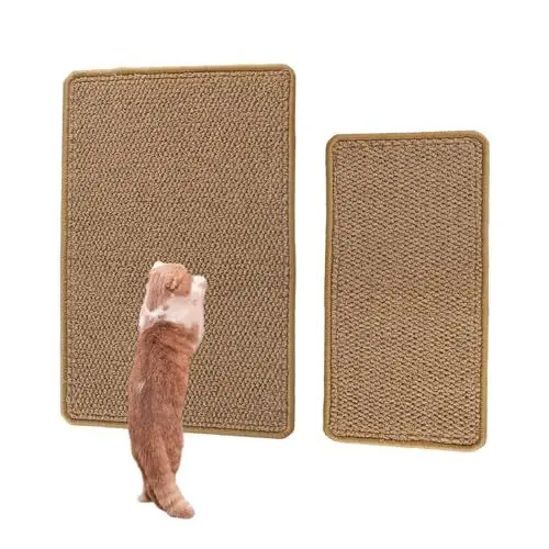 Produktbild: HULAGU 2 Stück Kratzmatte Katze Wand Kratzteppich Sisal Katzenkratzmatte Sisalmatte (60 x 40cm, 50 x 25cm) rutschfest Kratzbretter für Katze Kratzpads Kratzschutz für Sofa Beige