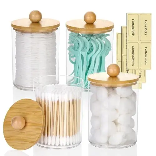 Produktbild: HULAGU 4 Stück Wattestäbchen Behälter Wattepadspender Qtip Halter Spender mit Deckel und Etiketten Wattepads Aufbewahrung Badezimmer Organizer für Zahnseide, Watteball
