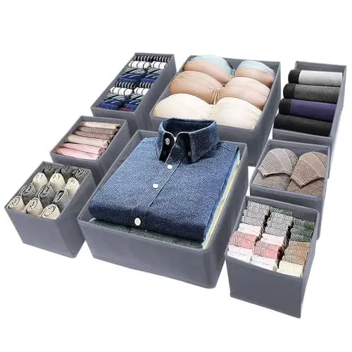 Produktbild: HULAGU 8-teiliges Set Kleiderschrank Organizer Schubladen Ordnungssystem Faltbare Aufbewahrungsbox Kleiderschrank Washable Stoffbox für Babykleidung, Socken, Unterwäsche, BHS, Krawatten, Schals (Grau)