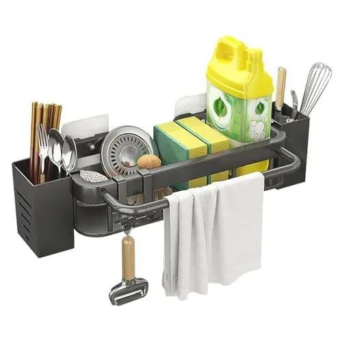 Produktbild: HULAGU Spülbecken Organizer Schwarz Spülbecken Organizer Hängend, Schwammhalter Küche Edelstahl Schwammhalter Spülbecken mit 2 Klebstoff, Spülorganizer mit 2 Stäbchenhalter, Spültuchhalter und Haken