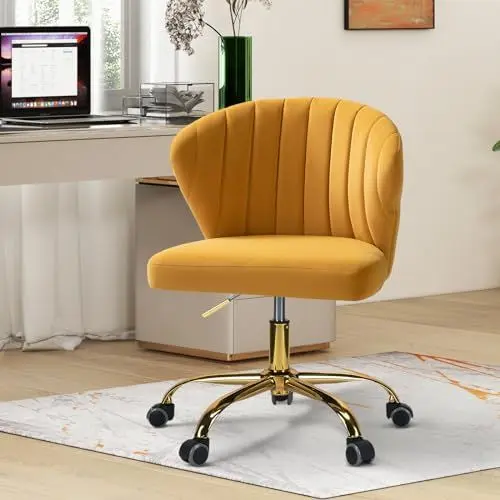 Produktbild: HULALA HOME Bürostuhl, Computerstuhl, Schminktischstuhl, moderner Schreibtischstuhl mit drehbaren Rädern, drehbar, höhenverstellbar, geeignet für Wohnzimmer, Schlafzimmer, Gelb