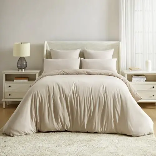 Produktbild: HULALA HOME Comfort Bettwäsche 200 x 200 3teilig Bettbezug - Schnell Trocknend Bettwäsche-Sets 200 x 200 cm mit 2 Kissenbezüge 80 x 80cm, Beige
