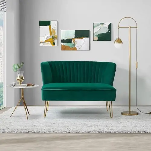 Produktbild: HULALA HOME Sofa aus Samt, kleines Couch, Doppelsofa mit Armlehnen, moderner Polstersofa mit goldenen Metallbeinen, 2 Sitzer Sofa für Wohnzimmer, Schlafzimmer, 114 x 74 x 79 cm, Grün