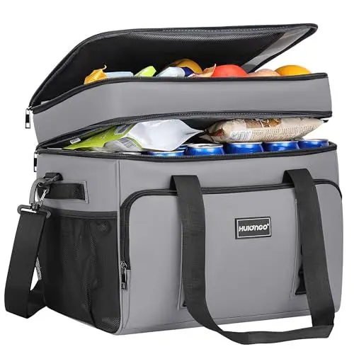 Produktbild: Hulongo Kühltasche Isoliert Kühltasche Wasserdicht Picknick Doppel-Thermotasche für Camping, Reisen, Lebensmittelgeschäft Einkaufen & Angeln, 42L, Grau