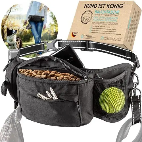 Produktbild: HUND IST KÖNIG Leckerlitasche für Hunde Leckerlis & Hundezubehör - Robuste Bauchtasche Hund - Futterbeutel Hunde mit Kotbeutelspender, Handyfach & Gurt für Flexileine